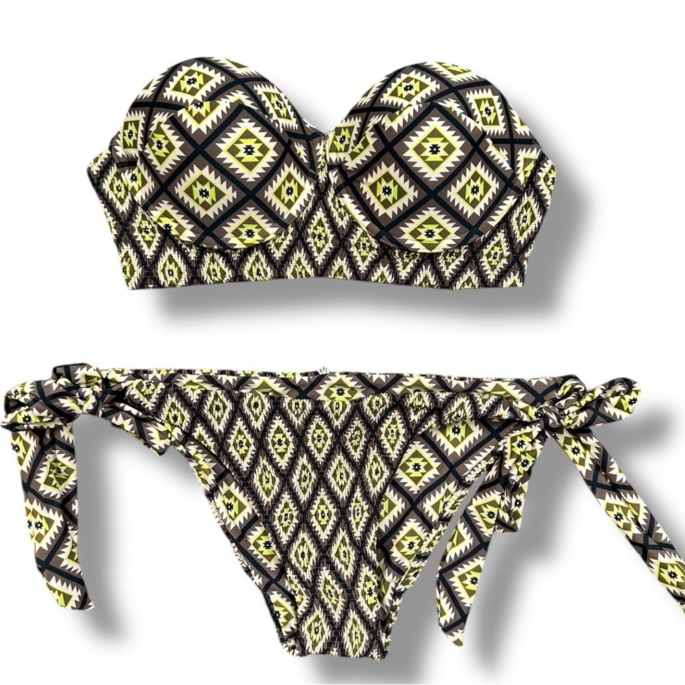 New Tori Praver Brown + Green Aztec Print Two-Piece Bikini Swimsuit | Size XL